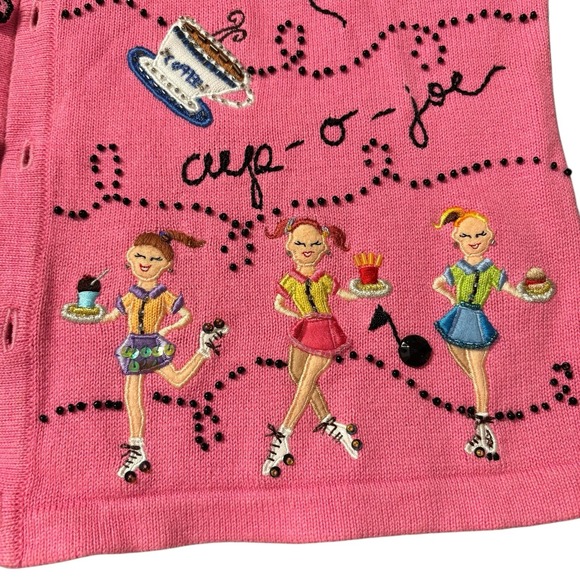 JACK B QUICK Cardigan Sweater Sz M Medium Pink 50s Rock Roller Skate Beaded 90s - Picture 6 of 14